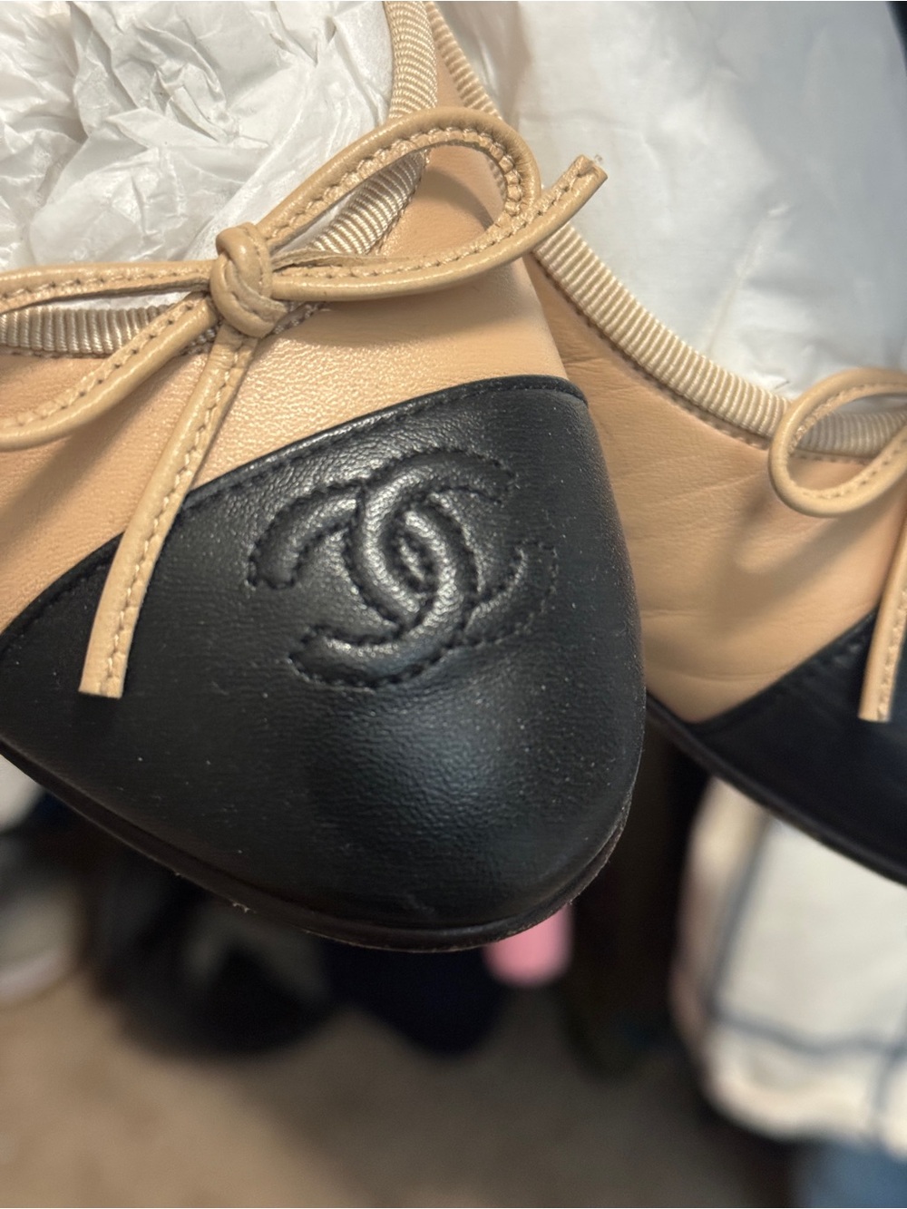 CHANEL Beige Leather Ballet Flats with Black Cap Toe - Picture 2 of 7